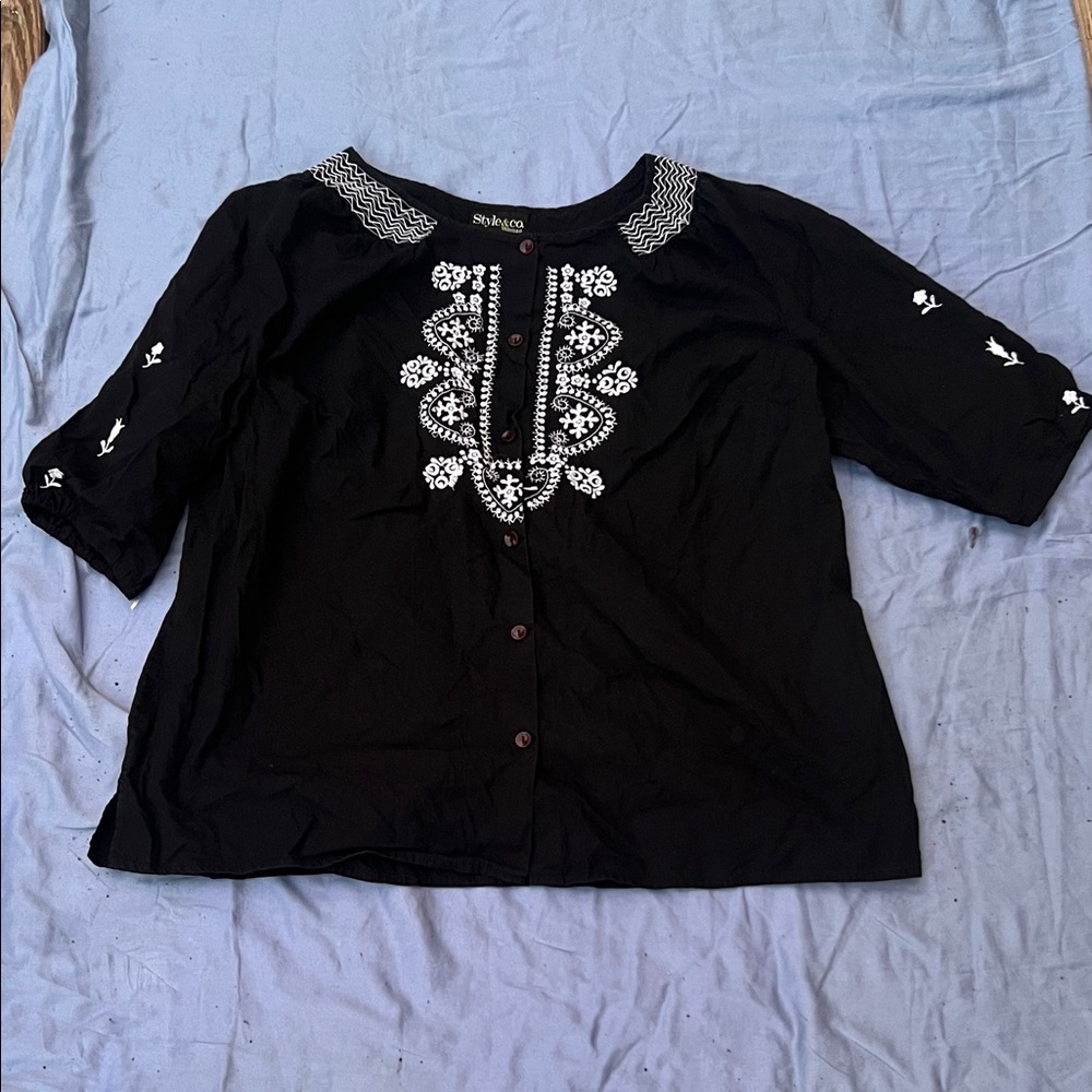 Style & Co. Black Blouse with White Embroidery